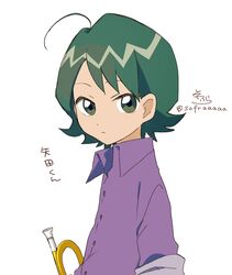  1boy ahoge collared_shirt dress_shirt eyebrows_hidden_by_hair green_eyes green_hair highres instrument looking_at_viewer male_focus ojamajo_doremi purple_shirt shirt signature simple_background sofra solo translated trumpet twitter_username upper_body white_background yada_masaru 