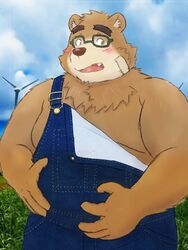  2021 3:4 anthro bear blush brown_body brown_fur clothing cute_fangs eyewear fur glasses hi_res humanoid_hands kemono lifewonders male mammal outside overalls overweight overweight_anthro overweight_male solo tokyo_afterschool_summoners volos_(tas) yaki_atsuage 