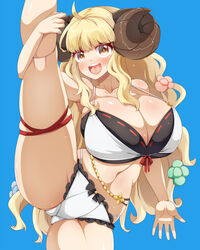  :d ahoge anila_(granblue_fantasy) anila_(summer)_(granblue_fantasy) belly_chain bikini blonde_hair blue_background blunt_bangs blush breasts cleavage curled_horns draph female granblue_fantasy hikimayu horns huge_breasts jewelry layered_bikini leg_ribbon long_hair orange_eyes raiden_(raiden_labo) ribbon simple_background smile solo split standing standing_on_one_leg standing_split swimsuit thick_thighs thigh_ribbon thighs very_long_hair wavy_hair 