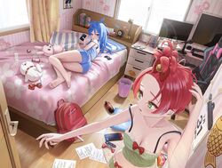  2girls 35p_(sakura_miko) alarm_clock alternate_costume alternate_hair_color alternate_hairstyle asakura_(asa_t77) ass bare_legs bare_shoulders barefoot bed_sheet bedroom blue_bow blue_eyes blue_shirt blue_shorts book bow breasts calendar_(object) cellphone chair cherry_blossom_print clock coca-cola collarbone commentary_request controller cowboy_shot curtains desk dualshock dutch_angle eyelashes feet floral_print forehead full_body game_controller gamepad gaming_chair green_eyes green_shirt green_shorts hair_between_eyes hair_up hairbow hand_up highres holding hololive hoshimachi_suisei indoors lamp legs lens_flare long_hair medium_breasts messy_hair micomet_(hololive) microphone multiple_girls nintendo_switch on_bed open_mouth phone pillow playstation_controller red_bow red_hair sakura_miko shirt shorts sleepwear small_breasts smartphone socks soda_bottle soles standing strap_slip stuffed_animal stuffed_toy swivel_chair thighs tissue_box toes trash_can unworn_socks virtual_youtuber white_socks window wooden_floor 