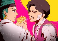  2boys beehive_hairdo black_hair brothers daniel_j._d&#039;arby earrings facial_hair facial_mark food green_hair headband jewelry jojo_no_kimyou_na_bouken korean_commentary male_focus moustache multiple_boys necktie pizza red_eyes saliva saliva_trail siblings stardust_crusaders tattoo terence_t._d&#039;arby tianel_ent vest 