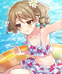  bikini blurry blurry_background blush breasts brown_eyes cleavage collarbone drill_hair female flat_chest floral_print flower frilled_bikini frills hair_flower hair_ornament highres idolmaster idolmaster_cinderella_girls idolmaster_cinderella_girls_starlight_stage iku2727 inflatable_raft long_hair looking_away morikubo_nono navel ringlets selfie shy sitting solo swimsuit v water white_bikini 