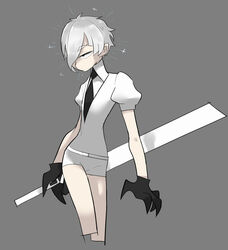  1other androgynous antarcticite black_eyes black_gloves black_necktie closed_mouth commentary_request cropped_legs crystal_hair gem_uniform_(houseki_no_kuni) glint gloves glowing glowing_hair grey_background hair_over_one_eye highres holding holding_weapon houseki_no_kuni necktie other_focus partial_commentary short_hair short_sleeves shorts simple_background solo sparkle tirarizun weapon 