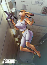  5_toes 9a-91 anthro anthrofied barefoot bottomwear breasts clothing cross daisy_(doom) dog_tags doom_(series) feet female floating fur gun hair hi_res holding_gun holding_object holding_ranged_weapon holding_weapon id_software lagomorph leporid mammal microsoft nipple_outline pirin-apex plantigrade rabbit ranged_weapon red_eyes shirt shorts solo tank_top tattoo toes topwear weapon zero_gravity 