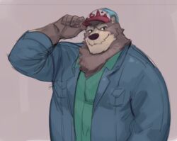  2020 anthro bear brown_body brown_fur clothing fur hat headgear headwear humanoid_hands male mammal overweight overweight_anthro overweight_male p0sporo shirt simple_background solo topwear 