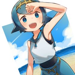  blue_eyes blue_hair blue_pants blue_sailor_collar blush bongnom cloud commentary day female freckles hairband highres lana_(pokemon) one-piece_swimsuit open_mouth outdoors pants pokemon pokemon_sm sailor_collar shirt shore short_hair sky sleeveless smile solo sweat swimsuit swimsuit_under_clothes teeth tongue 