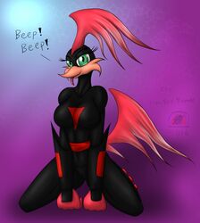  2016 5_fingers anthro arm_support armor avian beak big_breasts bird black_body breasts camel_toe cleavage clothed clothing cuculiform dialogue english_text eyelashes feathered_crest feathers female fingers fully_clothed gauntlets gloves green_eyes handwear head_crest hi_res kneeling looking_at_viewer loonatics_unleashed looney_tunes mtf_crossgender navel_outline new_world_ground_cuckoo nipple_outline red_body red_feathers rev_runner roadrunner rule_63 simple_background smile snowfyre solo superhero superhero_costume tail tail_feathers text tight_clothing tongue tongue_out uniform warner_brothers 