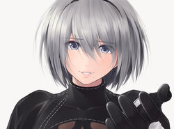  2b_(nier:automata) bad_id bad_pixiv_id black_dress black_hairband blue_eyes clothing_cutout dress eyebrows female gloves hair_between_eyes hairband juliet_sleeves lips long_sleeves looking_at_viewer mole mole_under_mouth nier:automata nier_(series) no_blindfold open_mouth outstretched_arm puffy_sleeves racto seams solo white_background white_hair 