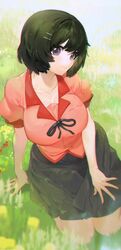  absurdres arm_support black_hair black_necktie black_skirt bob_cut bolo_tie breasts chromatic_aberration closed_mouth collarbone day dotori_(seulseul) female full_body grass hair_between_eyes hair_ornament hairclip hand_on_own_thigh hanekawa_tsubasa highres kneeling large_breasts looking_at_viewer medium_skirt monogatari_(series) naoetsu_high_school_uniform necktie outdoors pink_shirt pleated_skirt puffy_short_sleeves puffy_sleeves purple_eyes school_uniform seiza shirt short_hair short_sleeves sitting skirt smile solo straight_hair 