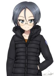  artist_name black_jacket blue_eyes bukkuri casual closed_mouth commentary dated down_jacket female girls_und_panzer glasses grey_hair hand_in_pocket highres jacket long_sleeves looking_at_viewer rimless_eyewear rumi_(girls_und_panzer) short_hair signature smile solo standing upper_body zipper 