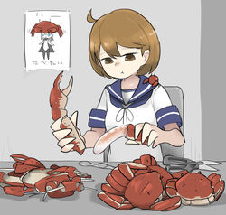  :t blue_neckerchief blue_sailor_collar brown_eyes brown_hair chair commentary crab crab_on_shoulder eating female hair_between_eyes highres holding kantai_collection neckerchief oboro_(kancolle) sailor_collar school_uniform scissors serafuku short_hair sitting table tirarizun translated wo-class_aircraft_carrier 