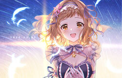  arm_guards armband blush breasts brown_eyes brown_hair cleavage detached_collar earrings feathers female flower gradient_background hair_flower hair_ornament hands_on_own_chest headdress highres idolmaster idolmaster_shiny_colors iku2727 jewelry long_hair looking_at_viewer medium_breasts neck_ribbon open_mouth purple_ribbon ribbon sakuragi_mano see-through see-through_sleeves smile solo star_(symbol) star_earrings star_hair_ornament star_trail tears 