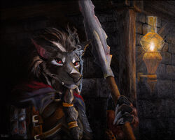  anthro blizzard_entertainment canid cigarette female feodorath hi_res lamp lantern mammal military oil_painting_(artwork) painting_(artwork) red_eyes sibilla_(feodorath) soldier solo traditional_media_(artwork) warcraft warrior weapon were werecanid worgen 