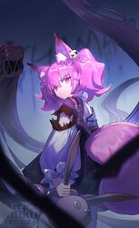  animal_ear_fluff animal_ears arknights black_dress blurry blurry_foreground closed_mouth commentary_request depth_of_field dress female from_behind hair_between_eyes hair_ornament highres holding holding_stuffed_toy inuko_(redconstellation) long_sleeves pink_hair puffy_long_sleeves puffy_sleeves purple_eyes shamare_(arknights) shirt signature solo standing stuffed_animal stuffed_rabbit stuffed_toy tail twintails watermark white_shirt 