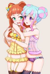  2girls :3 aikatsu!_(series) aikatsu_stars! arms_around_neck babydoll bare_shoulders bell black_legwear blouse blue_hair blunt_bangs blush bow bow_panties cone_hair_bun cowboy_shot double_bun doughnut_hair_bun embarrassed eyelashes frilled_babydoll frilled_legwear frilled_panties frilled_shirt frills garter_straps green_eyes grey_background groin hair_bell hair_bun hair_ornament hairbow hanazono_kirara hug hug_from_behind jingle_bell light_blue_hair lingerie looking_at_another lowleg lowleg_panties multicolored_hair multiple_girls oerba_yun_fang open_mouth orange_hair panties pink_hair purple_babydoll purple_eyes purple_panties saotome_ako shirt sidelocks sideways_glance simple_background smile spaghetti_strap strap_slip thighhighs tsundere two-tone_hair underwear yellow_bow yellow_shirt yoban yuri 