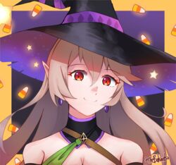  absurdres bakaretsu bare_shoulders breasts candy_corn cleavage commentary corrin_(female)_(fire_emblem) corrin_(female)_(halloween)_(fire_emblem) corrin_(fire_emblem) earrings english_commentary female fire_emblem fire_emblem_fates fire_emblem_heroes halloween halloween_costume hat highres jewelry long_hair looking_at_viewer official_alternate_costume pointy_ears portrait red_eyes smile witch witch_hat 