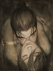  1boy arms_around_neck art_of_neight artist_name artstation_logo bra closed_eyes commentary deviantart_logo english_commentary eren_yeager facebook_logo facial_mark female hair_between_eyes hair_bun highres hug instagram_logo kubrick_stare looking_at_viewer mikasa_ackerman patreon_logo sepia shingeki_no_kyojin short_hair single_hair_bun smile straight tiktok_logo twitch_logo twitter_logo underwear watermark web_address 