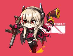  artist_name assault_rifle banana_(girls&#039;_frontline) blonde_hair chibi commission female girls&#039;_frontline gun hair_between_eyes headgear hepari highres holding holding_gun holding_weapon long_hair m4_carbine m4_sopmod_ii m4_sopmod_ii_(girls&#039;_frontline) m4_sopmod_ii_(mod3)_(girls&#039;_frontline) megaphone multicolored_hair non-humanoid_robot oerba_yun_fang red_background red_eyes rifle robot running smile streaked_hair thighhighs weapon 