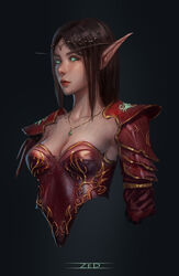  armor black_background blank_eyes blood_elf_(warcraft) boobplate breastplate breasts brown_hair cleavage closed_mouth colored_sclera commentary cropped_torso diadem dress elf female glowing glowing_eyes green_eyes green_sclera headband highres jewelry long_hair necklace no_pupils pauldrons photoshop_(medium) player_character_(wow) pointy_ears red_dress shoulder_armor shoulder_pads simple_background solo upper_body warcraft world_of_warcraft zed_(trungbui42) 