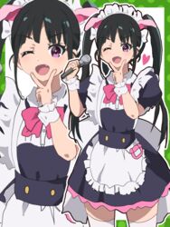  ;d absurdres akiba_maid_sensou animal_ears apron black_hair black_skirt bow commentary_request fake_animal_ears female highres holding holding_microphone homulily long_hair maid maid_apron microphone one_eye_closed pig_ears pink_bow puffy_short_sleeves puffy_sleeves purple_eyes short_sleeves skirt smile standing thighhighs twintails v white_thighhighs wrist_cuffs yumechi_(akiba_maid_sensou) zettai_ryouiki zoom_layer 