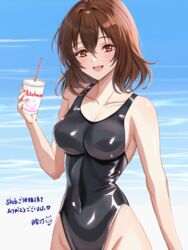  black_one-piece_swimsuit breasts brown_eyes brown_hair commentary_request commission competition_swimsuit covered_navel cowboy_shot drinking_straw female highleg highleg_swimsuit highres large_breasts looking_at_viewer one-piece_swimsuit original short_hair skeb_commission smile solo swimsuit translation_request tsukiyuki_mike tumbler 