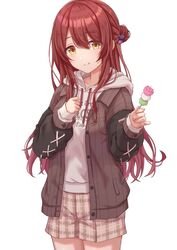  :t arm_up breasts closed_mouth cowboy_shot dango eating eyes_visible_through_hair female food giving hair_between_eyes hair_bun hair_ornament holding holding_food hood hoodie idolmaster idolmaster_shiny_colors jacket layered_clothes long_hair long_sleeves looking_at_viewer medium_breasts osaki_tenka plaid plaid_shorts red_hair sanshoku_dango shorts sidelocks simoumi_217 simple_background single_hair_bun smile wagashi white_background yellow_eyes 