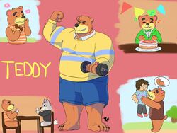  2020 4:3 absurd_res animal_crossing anthro bear belly blush bottomwear bow_tie cake canid canine canis carrying_another chair closed_eyes clothing dessert doughnut exercise fang_(animal_crossing) food fur furniture grey_body grey_fur group hi_res human lucawinterfox male mammal musclegut muscular nintendo pants pastry shirt shorts sitting teddy_(animal_crossing) topwear villager_(animal_crossing) wolf workout 