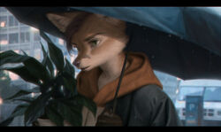  anthro canid canine car city clothed clothing detailed_background digital_media_(artwork) eyebrows fox fur hair holding_object kigufox leaf male mammal plant plant_pot potted_plant public raining solo terry_grimm umbrella vehicle 