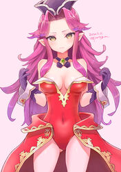  angela_(seiken_densetsu_3) bad_id bad_pixiv_id bare_shoulders breasts collarbone covered_navel female gloves green_eyes headgear highres leotard long_hair miyamae_porin pointy_ears pout purple_hair red_leotard seiken_densetsu seiken_densetsu_3 solo wrist_cuffs 