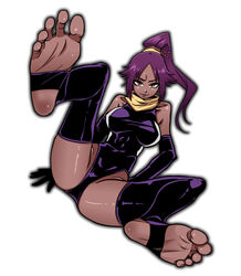  bare_shoulders barefoot bleach breasts dark-skinned_female dark_skin elbow_gloves feet female foot_focus foreshortening ga320aaa gloves highleg highleg_leotard highres leotard long_hair looking_at_viewer ponytail purple_gloves purple_hair purple_thighhighs scarf shihouin_yoruichi simple_background smile soles solo spread_legs thighhighs toes white_background 