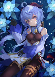  absurdres ahoge bare_shoulders bell black_pantyhose blue_flower blue_hair bodystocking breasts chinese_knot commentary cowbell detached_sleeves female flower flower_knot ganyu_(genshin_impact) genshin_impact goat_horns gold_trim highres horns long_hair low_ponytail lr_(last_remote_514) pantyhose purple_eyes solo vision_(genshin_impact) 