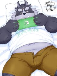  2021 3:4 anthro bed belly big_belly black_nose bottomwear bulge clothing electronics fur furniture game_console gaming hi_res humanoid_hands kemono lifewonders lying male nintendo nintendo_switch overweight overweight_anthro overweight_male pillow playing_video_game purple_body purple_fur shirt shorts solo tanutronik753_k tokyo_afterschool_summoners topwear tsathoggua_(tas) 