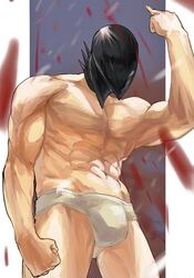  1boy armor bulge crazed_avenger_(fire_punch) facing_to_the_side fire_punch highres male_focus middle_finger muscular muscular_male no_pants raining_blood sokora_hen solo topless_male 