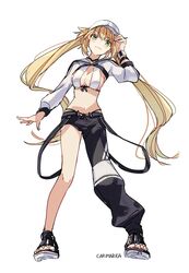  artoria_caster_(fate) artoria_caster_(swimsuit)_(fate) artoria_caster_(swimsuit)_(first_ascension)_(fate) artoria_pendragon_(fate) asymmetrical_pants baseball_cap bikini blonde_hair carimarica fate/grand_order fate_(series) female full_body green_eyes hat highres navel sandals shrug_(clothing) solo swimsuit twintails white_background white_bikini 