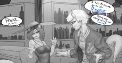  absurd_res aleksi arima_(anaid) bar cinkoji clothing cyclops dialogue duo female greyscale hat headgear headwear hi_res horn humanoid jewelry long_tail male male/female monochrome necklace tail tailclops_(race) tailclops_(species) 