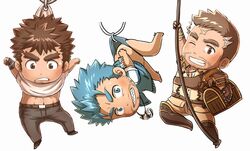  3boys abs ass ass_peek bara beard blue_eyes blue_hair blue_male_swimwear blush brown_hair charm_(object) chibi chibi_only clenched_teeth clothes_lift cross_scar facial_hair fins fish_boy forked_eyebrows full_body goatee gordon_(f-kare) grin jewelry long_sideburns male_focus male_swimwear mature_male multicolored_hair multiple_boys muscular muscular_male necklace one_eye_closed outstretched_arms pants pirate rope sample_watermark scar scar_on_face scar_on_forehead shell shell_necklace shirt shirt_lift short_hair shoukan_yuusha_to_f-kei_kareshi sideburns smile spread_arms stomach streaked_hair stubble sunfight0201 swim_briefs takabushi_kengo teeth thick_eyebrows tokyo_afterschool_summoners treasure_chest triton_(housamo) upside-down watermark white_shirt 