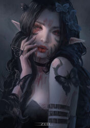  absurdres black_dress black_hair blood blood_on_face bug butterfly commentary_request dress elf fangs female fingernails hair_ornament highres long_hair looking_at_viewer original parted_lips photoshop_(medium) pointy_ears red_eyes signature solo tattoo upper_body vampire zed_(trungbui42) 