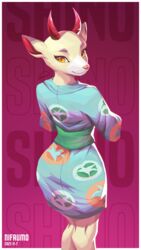  2021 9:16 absurd_res animal_crossing anthro asian_clothing ass clothed clothing deer demon digital_drawing_(artwork) digital_media_(artwork) east_asian_clothing female fur hi_res horn japanese_clothing looking_at_viewer magenta_background mammal nifaumo nintendo portrait rear_view shino_(animal_crossing) signature simple_background solo tan_body tan_fur three-quarter_portrait yellow_eyes yukata 