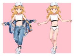  blonde_hair blunt_bangs djheycha female flat_chest green_eyes hat highres idolmaster idolmaster_cinderella_girls jougasaki_rika legs long_hair multiple_views navel panties pink_background shoes simple_background sneakers tank_top underwear undressing variations white_headwear white_panties white_tank_top 