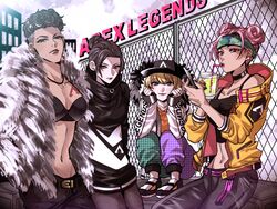  4girls alternate_costume animification apex_legends bangalore_(apex_legends) bare_shoulders belt belt_buckle black_bra black_choker black_footwear black_hair black_jacket black_legwear black_pants blonde_hair blue_eyes bra breasts buckle cellphone chain-link_fence choker cleavage closed_mouth cloud cloudy_sky collarbone commentary_request copyright_name cup dark-skinned_female dark_skin day disposable_cup drink drinking drinking_straw eyelashes fence fingernails fishnet_pantyhose fishnets fur-trimmed_hood fur_trim groin hair_between_eyes hair_bun half-closed_eyes highres holding holding_cup holding_phone hood hood_down hooded_jacket jacket jewelry lichtenberg_figure lifeline_(apex_legends) long_sleeves looking_at_viewer medium_breasts midriff mozuwaka multiple_girls nail_polish navel necklace open_clothes open_jacket outdoors pants pantyhose parted_bangs phone pink_eyes pink_hair red_lips red_nails short_hair single_hair_bun sky sleeves_past_wrists smartphone smile squatting stomach underwear very_short_hair wattson_(apex_legends) white_eyes wraith_(apex_legends) 