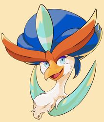  2023 ambiguous_gender avian beak blue_body blue_eyes blue_feathers cheek_tuft facial_tuft feathered_crest feathers generation_9_pokemon head_crest hi_res neck_tuft nintendo open_beak open_mouth orange_tubuan pokemon pokemon_(species) quaquaval simple_background smile smiling_at_viewer solo tuft yellow_beak 