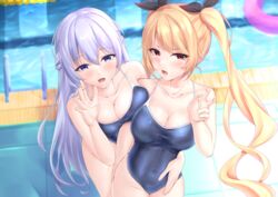  2girls absurdres alternate_costume azur_lane bad_id bad_pixiv_id black_ribbon blonde_hair blue_one-piece_swimsuit braid breast_press breasts cleavage collarbone competition_school_swimsuit covered_navel cowboy_shot day french_braid hair_ribbon highres indoors large_breasts lifebuoy light_purple_hair long_hair looking_at_viewer multiple_girls nelson_(azur_lane) one-piece_swimsuit pool pool_ladder poolside purple_eyes red_eyes ribbon rodney_(azur_lane) school_swimsuit shiroinu_(shiroinu_283p) swim_ring swimsuit twintails very_long_hair water wet 