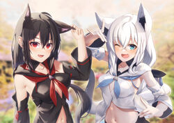  2girls ahoge animal_ear_fluff animal_ears arm_up bare_shoulders black_hair black_hoodie black_vs_white blue_neckerchief blurry blurry_background blush braid breasts cleavage collarbone commentary_request detached_sleeves earrings extra_ears fox_ears fox_girl fox_tail green_eyes hair_between_eyes holding_ears hololive hood hoodie jewelry kurokami_fubuki long_hair looking_at_viewer midriff multiple_girls navel neckerchief one_eye_closed open_mouth pentagram polar_opposites red_eyes red_neckerchief shirai_yu shirakami_fubuki shirakami_fubuki_(1st_costume) sidelocks single_braid small_breasts stomach tail virtual_youtuber white_hair white_hoodie 