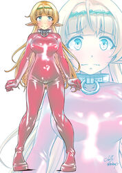  blonde_hair blue_eyes blush bodysuit breasts collar commentary_request embarrassed female frown full_body green_hairband hairband isekai_maou_to_shoukan_shoujo_no_dorei_majutsu jelly_shrimp large_breasts latex latex_bodysuit long_hair pointy_ears red_bodysuit shera_l._greenwood signature skin_tight solo standing tachi-e zoom_layer 