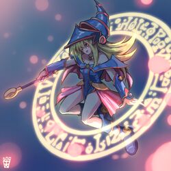  :d absurdres bare_shoulders blonde_hair blue_footwear blush_stickers boots breasts choker cleavage dark_magician_girl duel_monster female full_body green_eyes hat highres holding holding_wand long_hair magic_circle medium_breasts ootato open_mouth pentacle smile solo vambraces wand yu-gi-oh! 