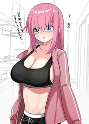  black_shorts black_sports_bra blue_eyes bocchi_the_rock! breasts cleavage facing_viewer female gotoh_hitori highres jacket kitchen kurorettsu large_breasts looking_to_the_side midriff navel parted_lips pink_jacket short_shorts shorts side_ahoge single_bare_shoulder solo sports_bra stomach track_jacket translation_request white_background 