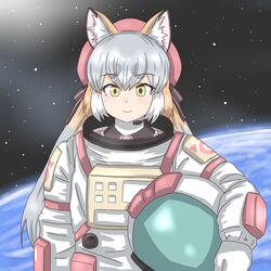  animal_ear_fluff animal_ears earth_(planet) female fox_ears fox_girl fox_tail gloves hat helmet island_fox_(kemono_friends) kemono_friends kemono_friends_v_project long_hair microphone mukouyama_mu multicolored_hair necktie planet ribbon shirt skirt solo space space_helmet tail twintails virtual_youtuber 