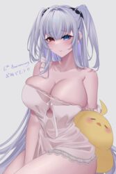  absurdres anniversary azur_lane bare_shoulders blue_eyes breasts cleavage commentary_request dress elbing_(azur_lane) elbing_(sleepless_night&#039;s_wishes)_(azur_lane) female grey_background heterochromia highres large_breasts long_hair looking_at_viewer manjuu_(azur_lane) microdress nanako94418108 official_alternate_costume red_eyes simple_background sitting smile solo thighs two_side_up very_long_hair white_dress 