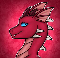  2021 absurd_res anthro blue_eyes bust_portrait digital_media_(artwork) dragon fangs female hi_res horn mythological_creature mythological_scalie mythology portrait red_background red_body red_scales scales scalie signature simple_background solo teeth valdith_zam 