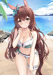  absurdres animal_ears ass_visible_through_thighs bare_arms bare_shoulders beach bikini blue_sky blush bow braid breasts brown_eyes brown_hair cleavage closed_mouth cloud collarbone commentary_request day female frilled_bikini frills fuyuki030 green_bikini hairbow halterneck hand_up highres horse_ears horse_girl horse_tail large_breasts long_hair looking_at_viewer mejiro_bright_(umamusume) mountain outdoors side-tie_bikini_bottom sky smile solo striped_bikini striped_clothes swimsuit tail umamusume vertical-striped_bikini vertical-striped_clothes very_long_hair water yellow_bow 